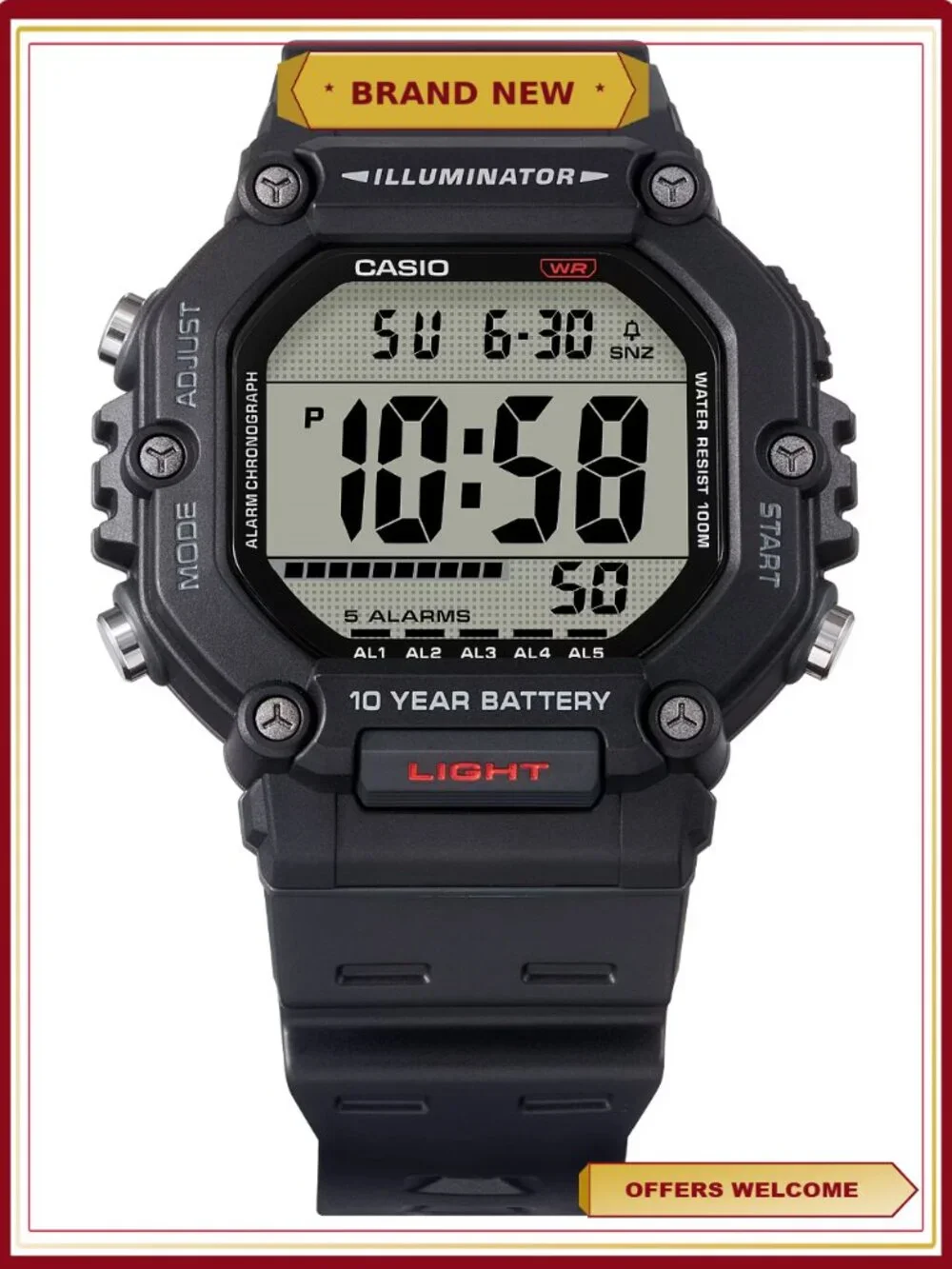 Mens Digital Wristwatch Large LCD 10-Yr Battery 100M Water Resistant Stopwatch